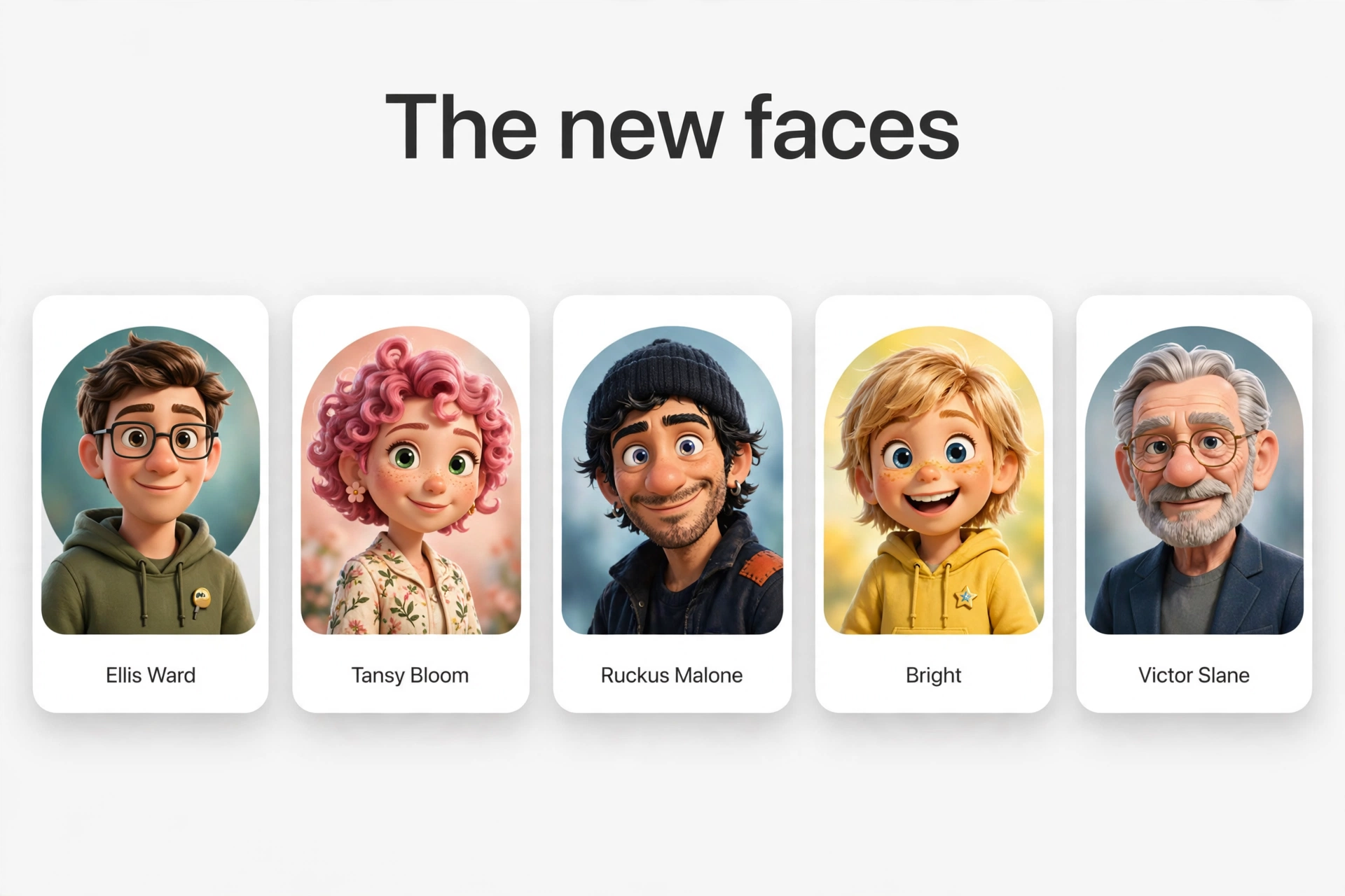 Mockup: five character cards