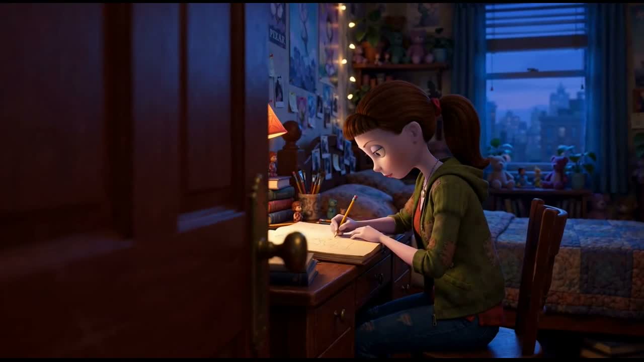 Sally drawing at her desk in a film from the E2 universe