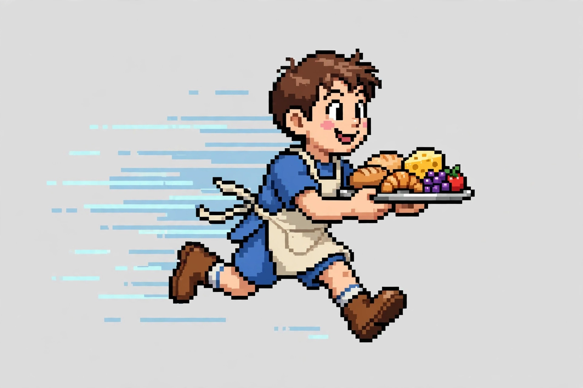 Mateo as a 16-bit kitchen helper character running with a tray