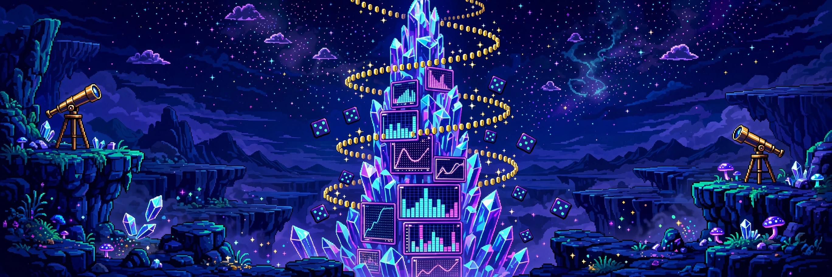 16-bit crystal spire of glowing scoreboards at night