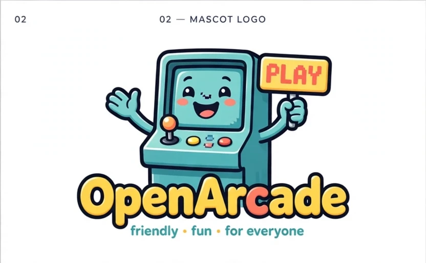 Oppie, the OpenArcade mascot, holding a PLAY sign