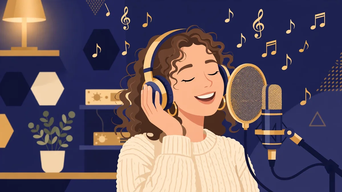 Illustration of a singer with headphones performing into a studio microphone