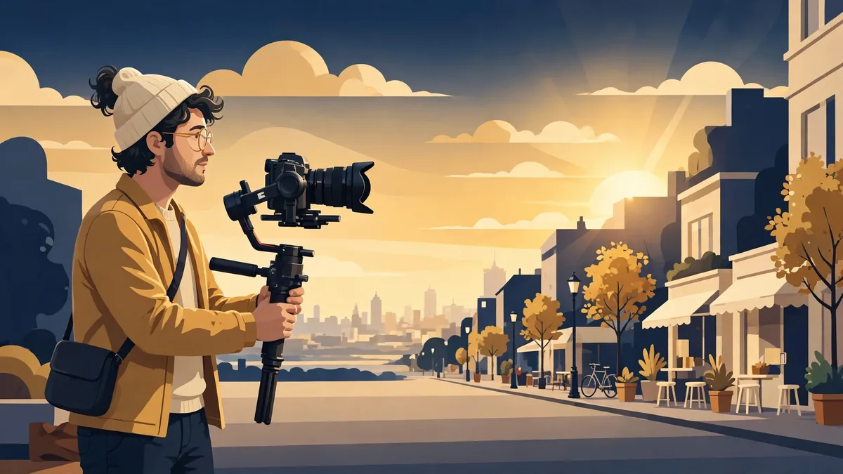 Illustration of a filmmaker holding a camera on a gimbal at golden hour