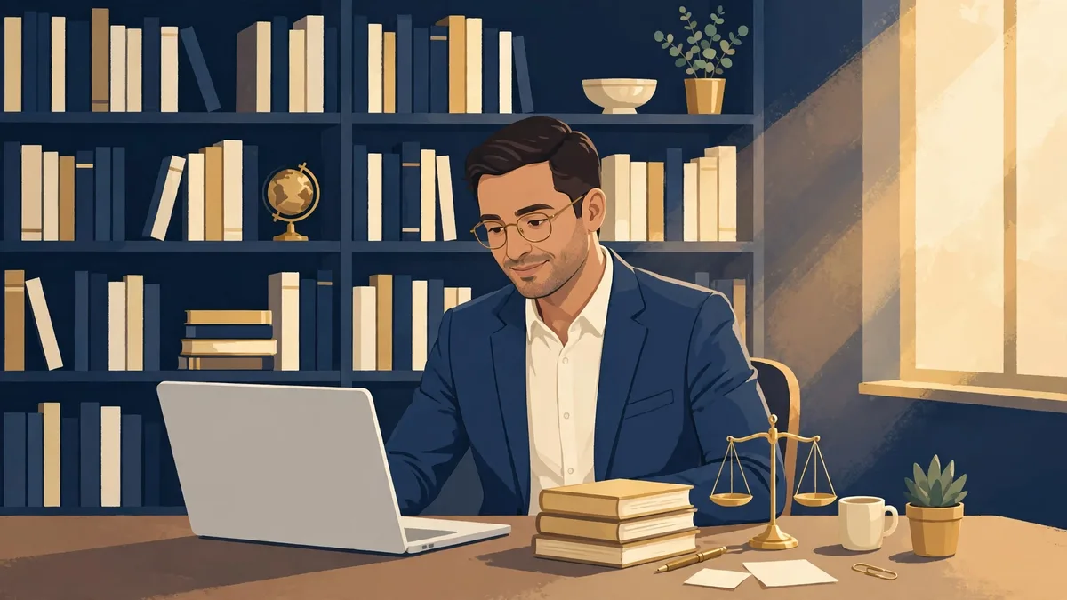 Illustration of a lawyer at a desk with books, a laptop, and a small scale of justice