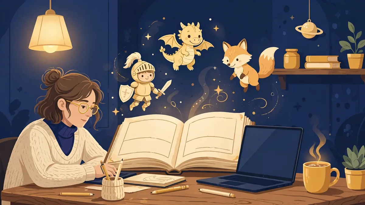 Illustration of a writer at a desk while storybook characters float out of an open book