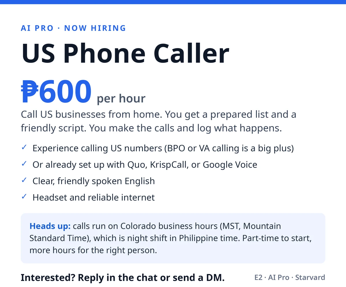 US Phone Caller job card, 600 pesos per hour