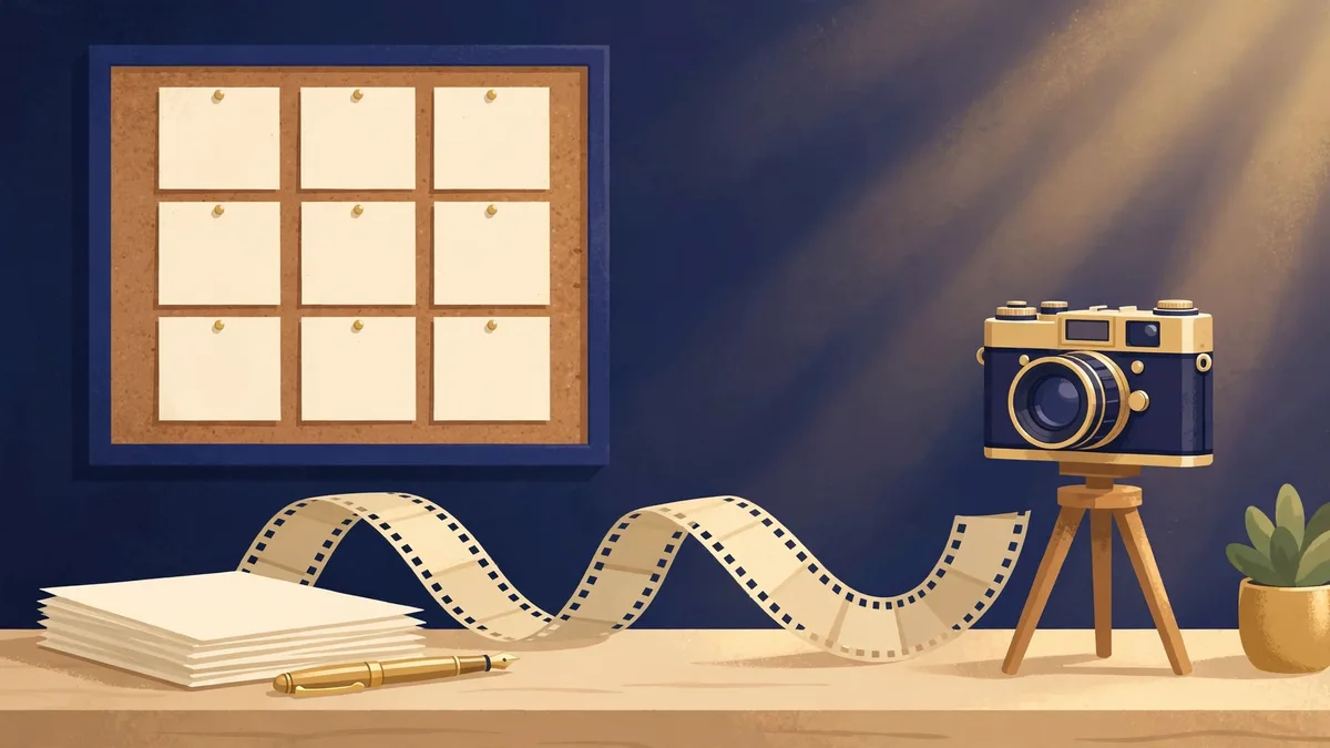 Illustration of a storyboard board, a film strip, and a camera on a desk
