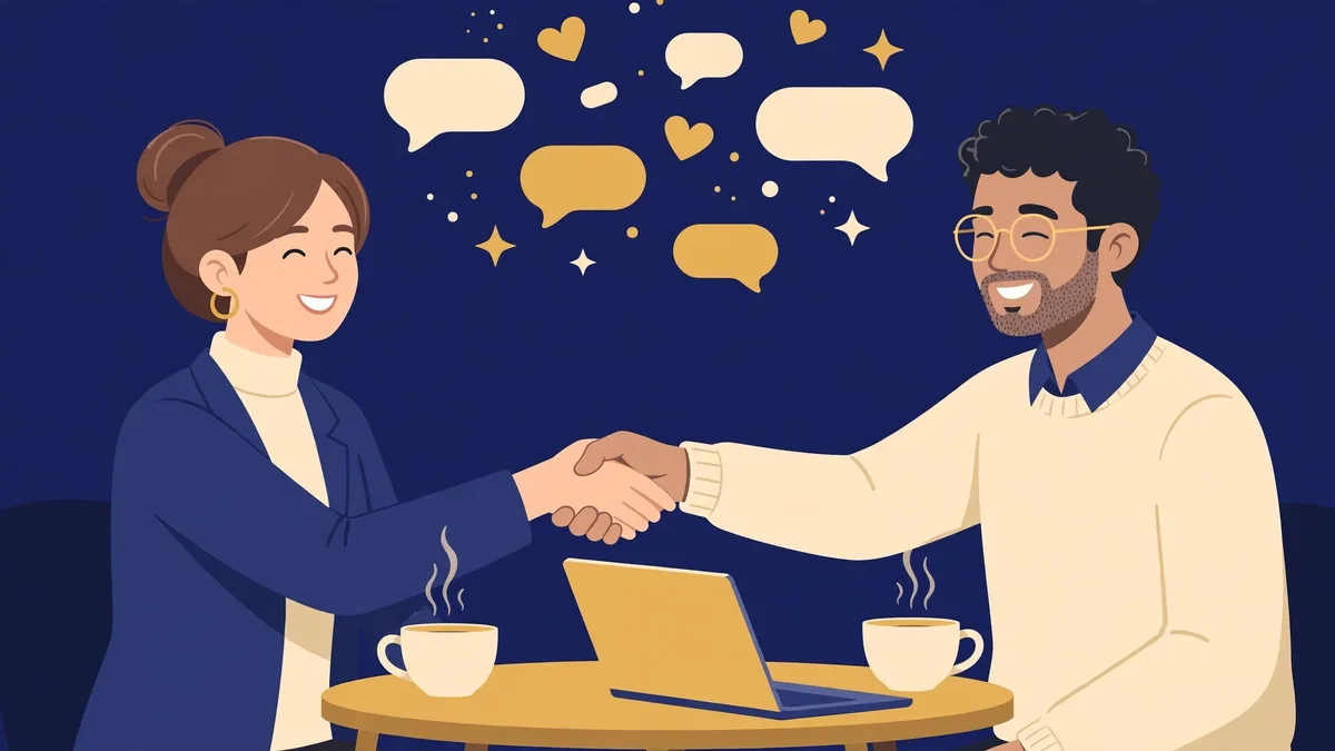 Illustration of two people shaking hands over coffee with cheerful chat bubbles above