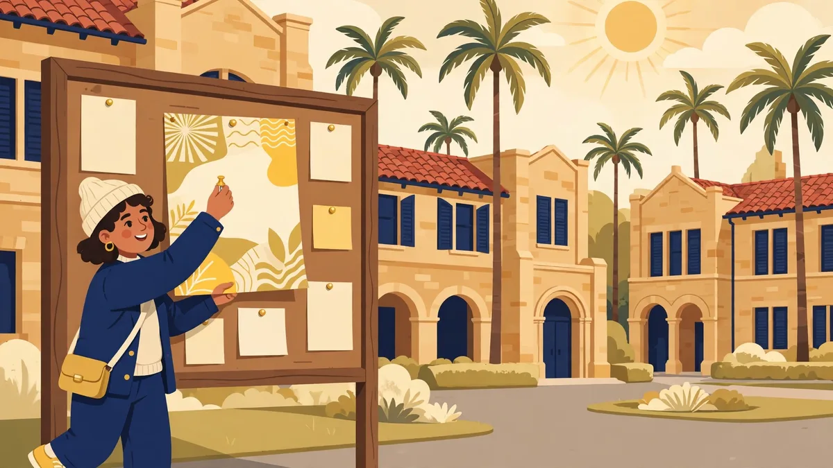 Illustration of a helper pinning a poster on a campus board with palm trees and sandstone buildings