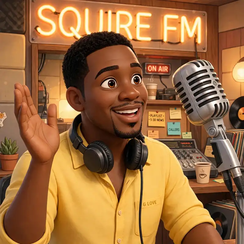 G Love, a charismatic Black radio DJ in the E2 Radio booth, waving hello