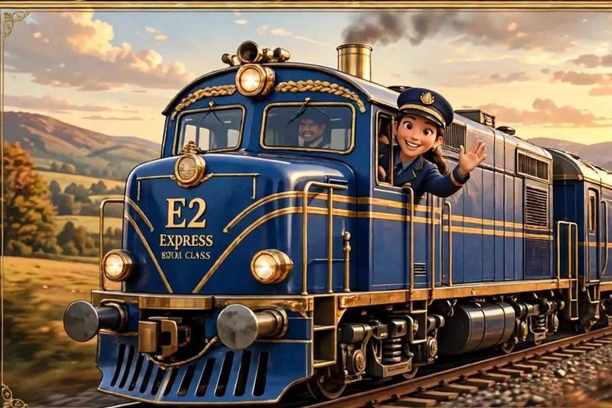 The E2 Express, the blue and gold train, with Sam the conductor waving from the cab