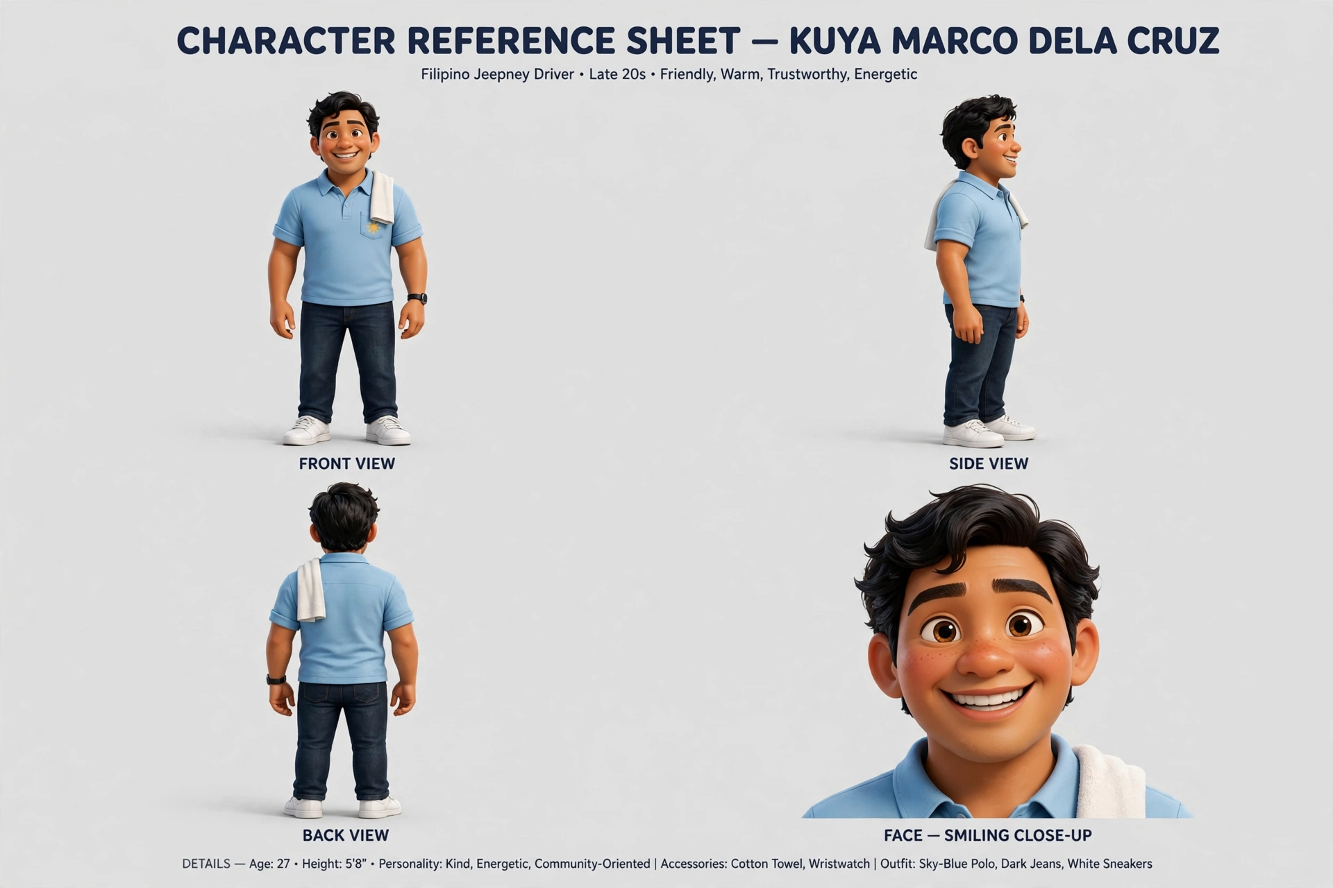 Kuya Marco character sheet: front, side, back, and close-up views