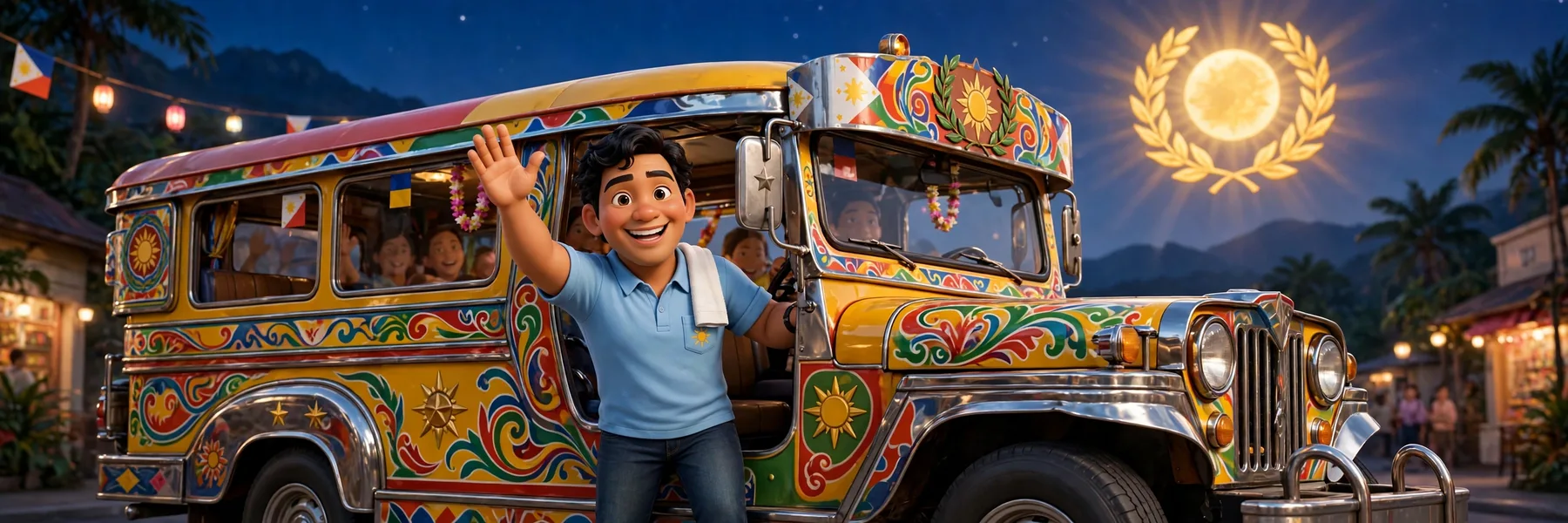 Kuya Marco waving friends aboard his jeepney, Pixar style