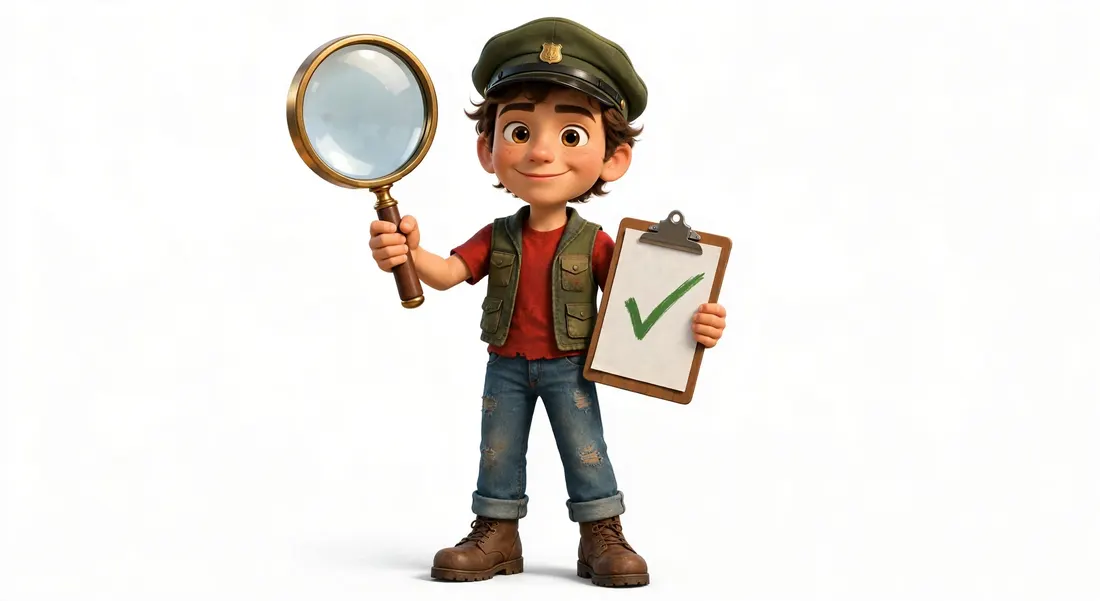Spector the Inspector holding his big brass magnifying glass and his clipboard with the green check