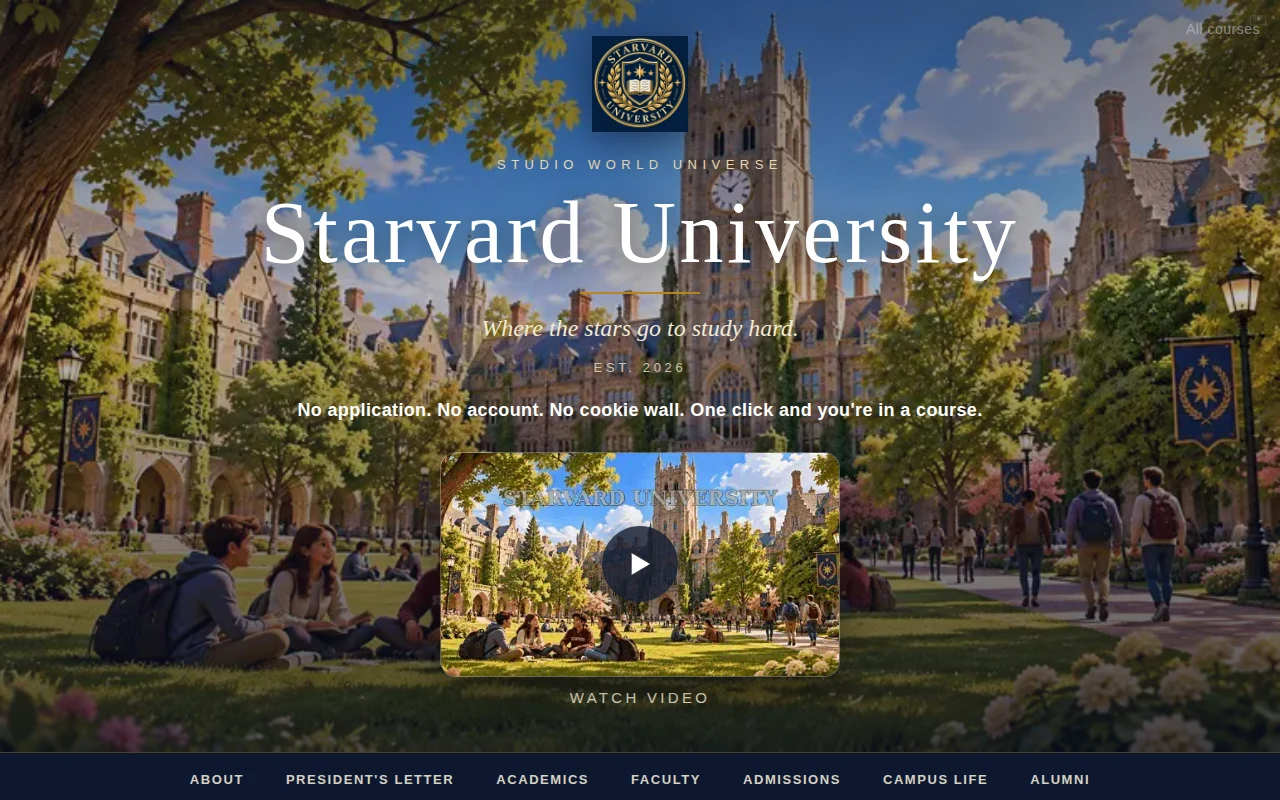 The Starvard University homepage, campus hero