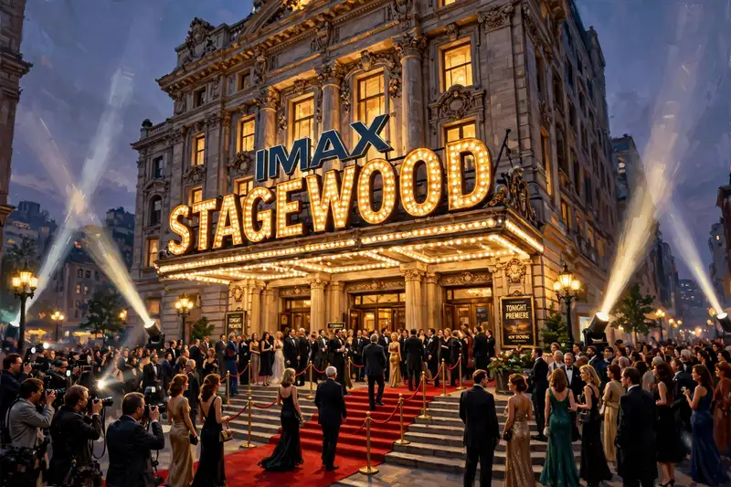 The Stagewood IMAX theater on premiere night: a grand palace theater with IMAX STAGEWOOD in giant golden bulb letters, red carpet, photographers, and searchlights in the dusk sky