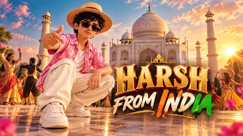 Movie poster for Harsh From India: Harsh crouching in a straw hat and pink floral shirt in front of the Taj Mahal at sunset, dancers behind him, big golden title