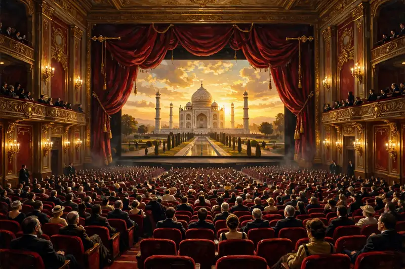 Inside the Stagewood IMAX: a vast auditorium with red velvet curtains drawn open, the Taj Mahal at sunset glowing on the giant screen, and a full house in red seats