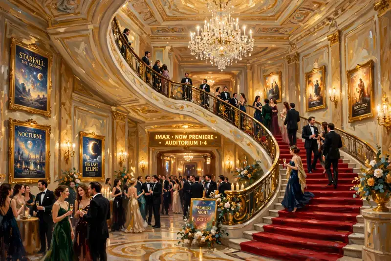 The Stagewood IMAX lobby on premiere night: a sweeping red carpet staircase, a crystal chandelier, gold-framed movie posters, and guests in evening clothes