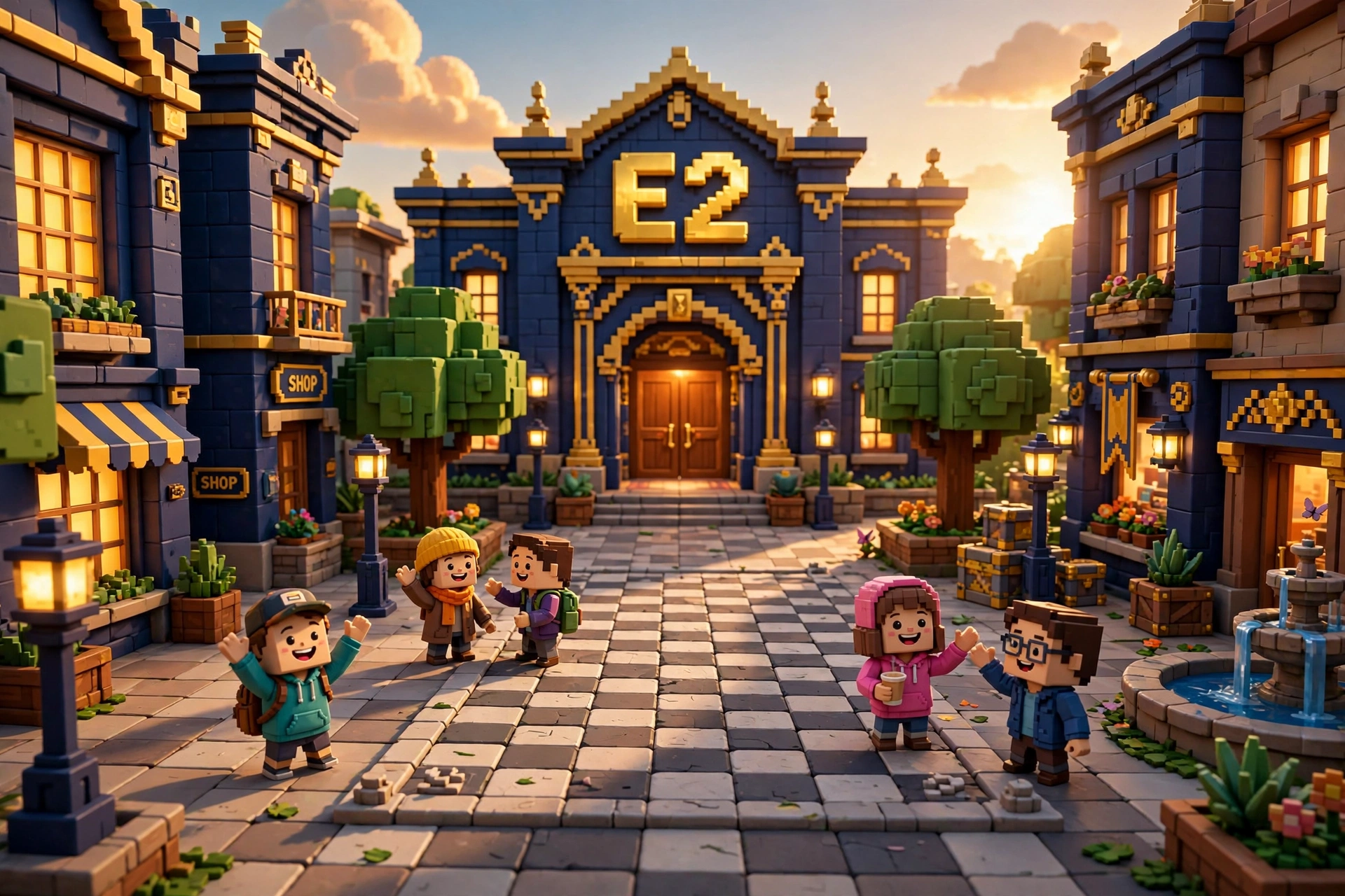 The main lobby plaza of the 3D E2 world, with the grand E2 entrance and people hanging out