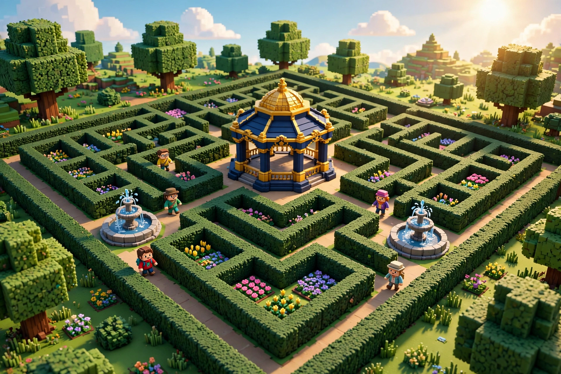 The maze garden from above, with its pavilion