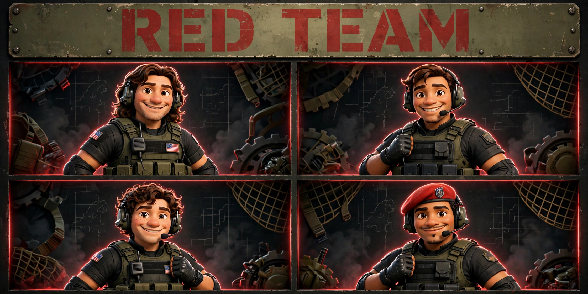 Red Team: Mike, Chadwick, Hank, and Henri Hue in special ops gear