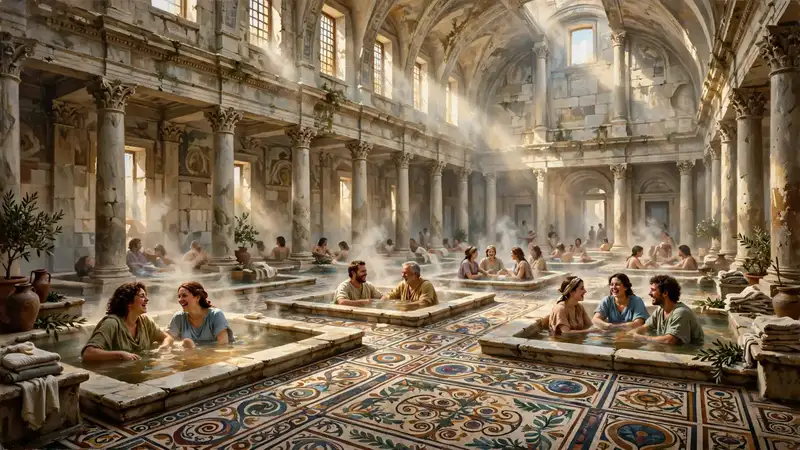 The public baths of Romula: warm pools, marble, and citizens relaxing together