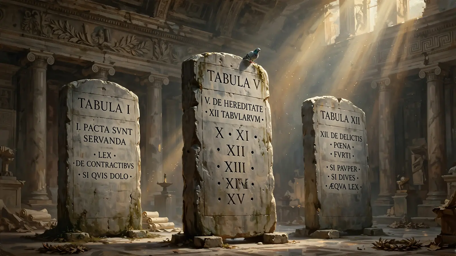 Tall ancient stone law tablets carved with Roman numerals in a marble hall, a pigeon perched on top