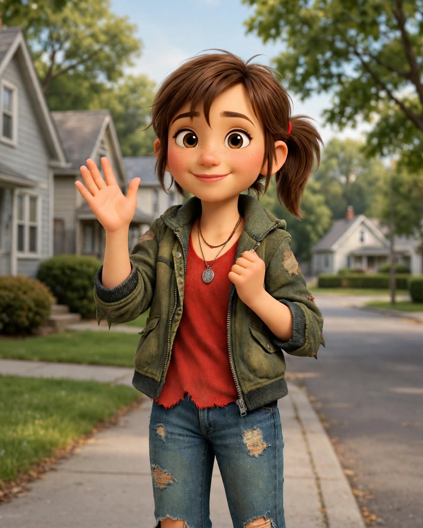 Sally waving hello on her street
