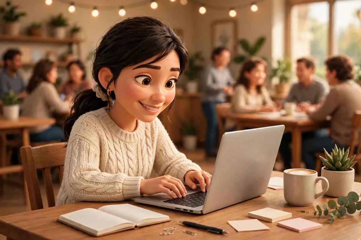 Sam at her front desk, writing her blog while the room chats behind her
