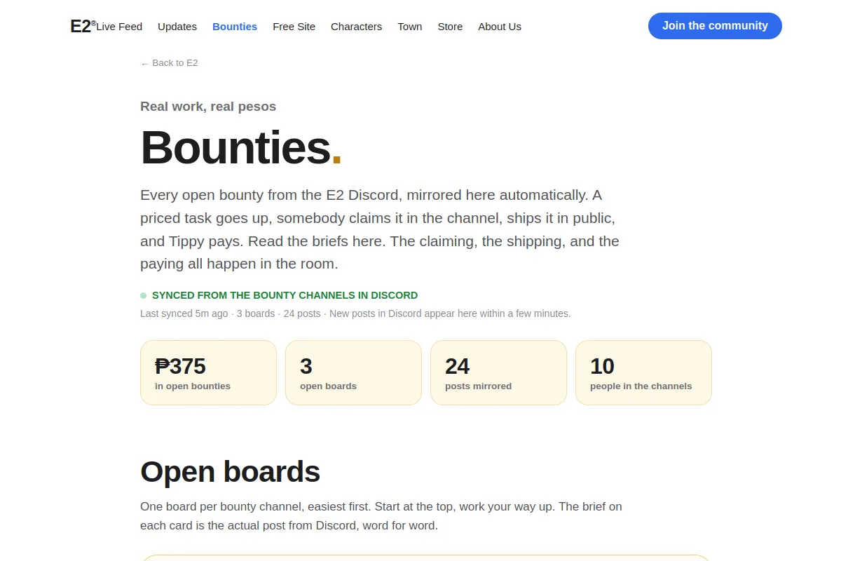 Preview of the Bounties page: Bounties, real work and real pesos, with the open boards and prize pool