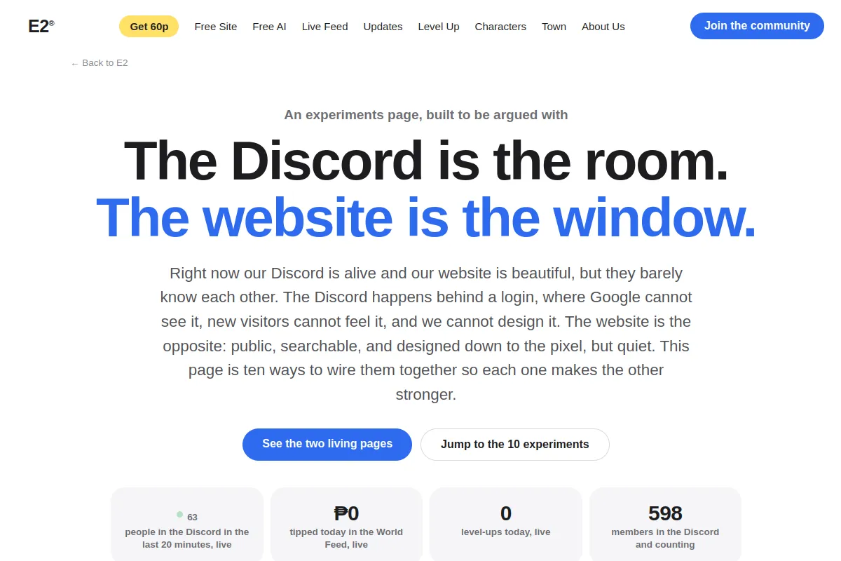 Preview of the Discord x E2 Experiments page: The Discord is the room. The website is the window.
