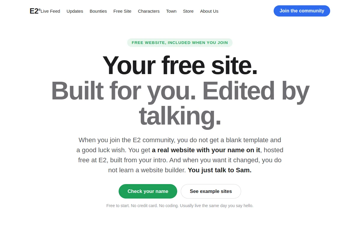 Preview of the Free Site page: Your free site. Built for you. Edited by talking.