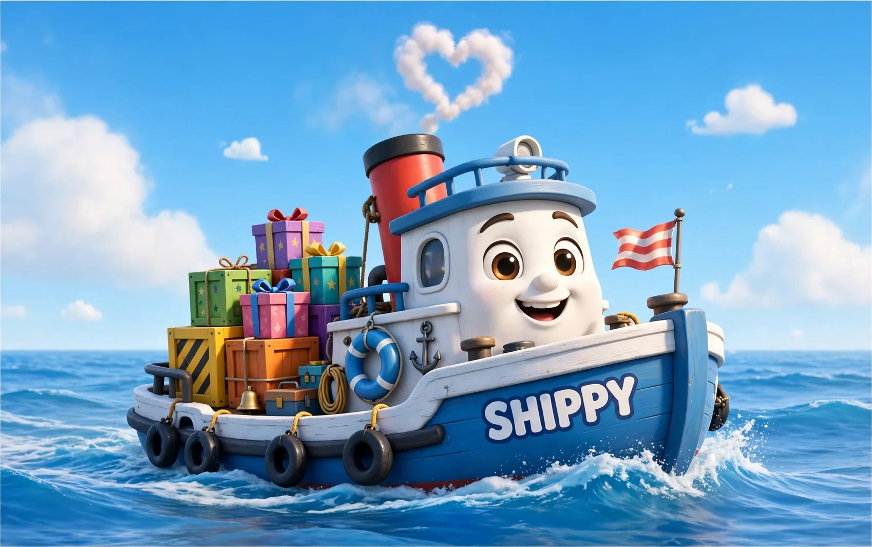 Shippy, E2's friendly little tugboat, smiling on the waves with a deck full of colorful packages and a heart shaped puff of steam