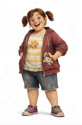 Marty smiling with pigtails and a bunny plush peeking from her hoodie pocket