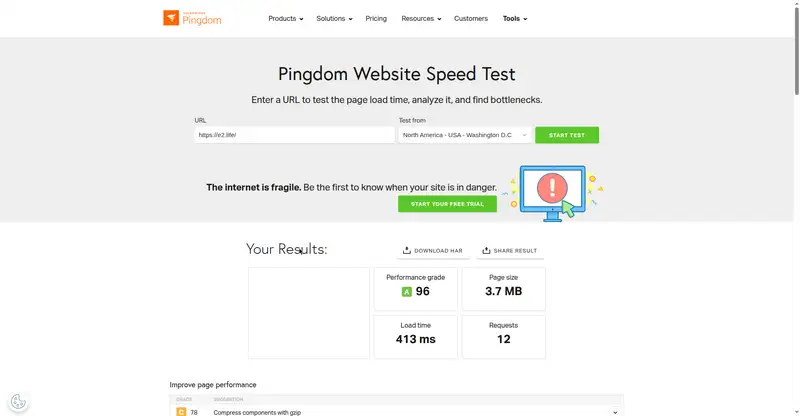 Pingdom report for e2.life, Oct 9 2026