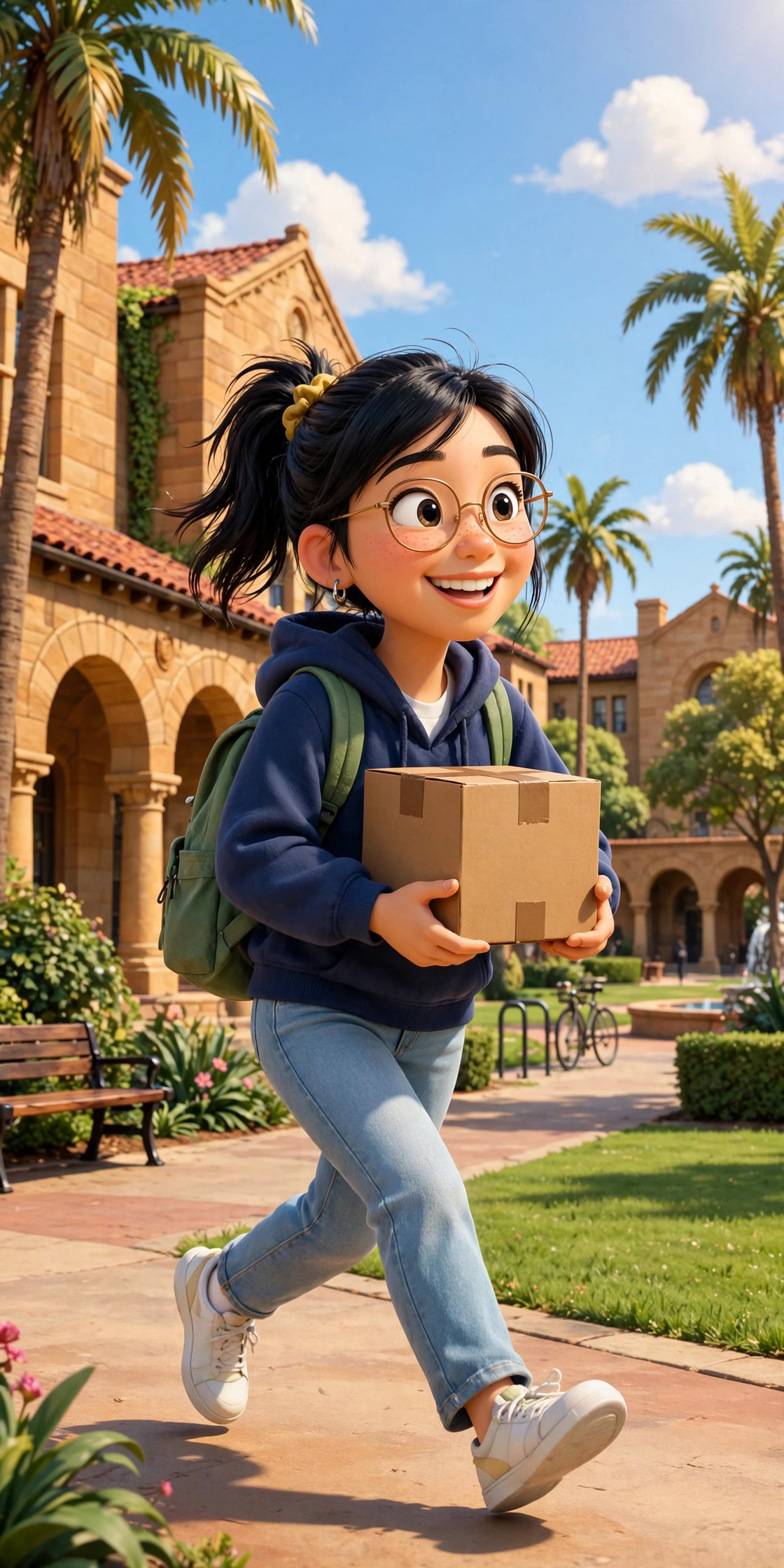 Student carrying a box across campus