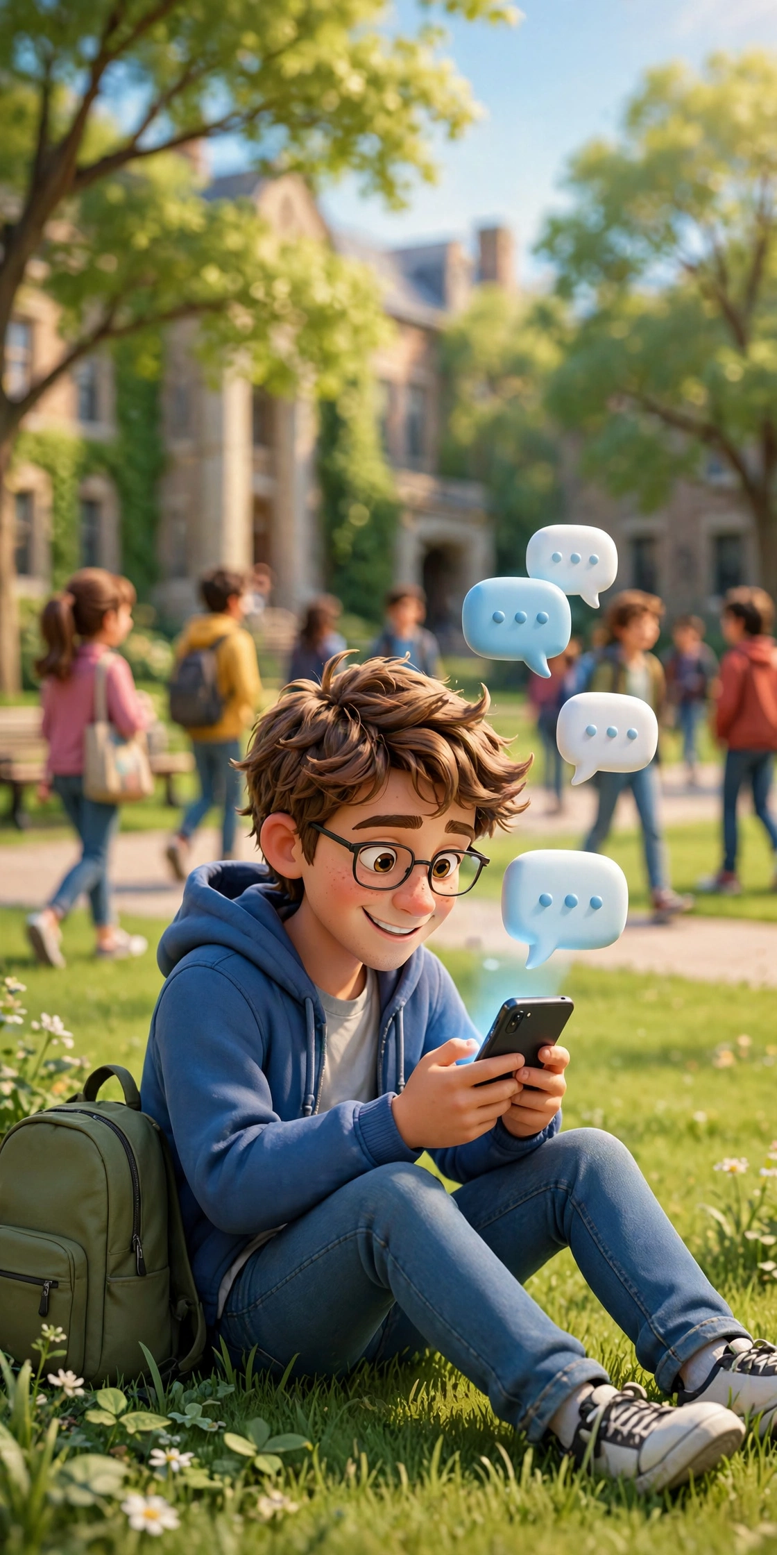 Student texting on the campus lawn