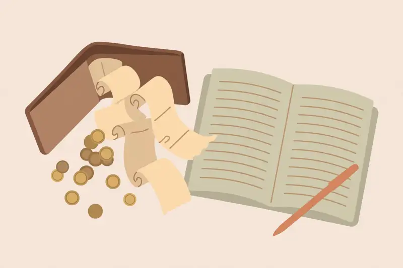 A wallet with receipts and coins spilling out beside a notebook