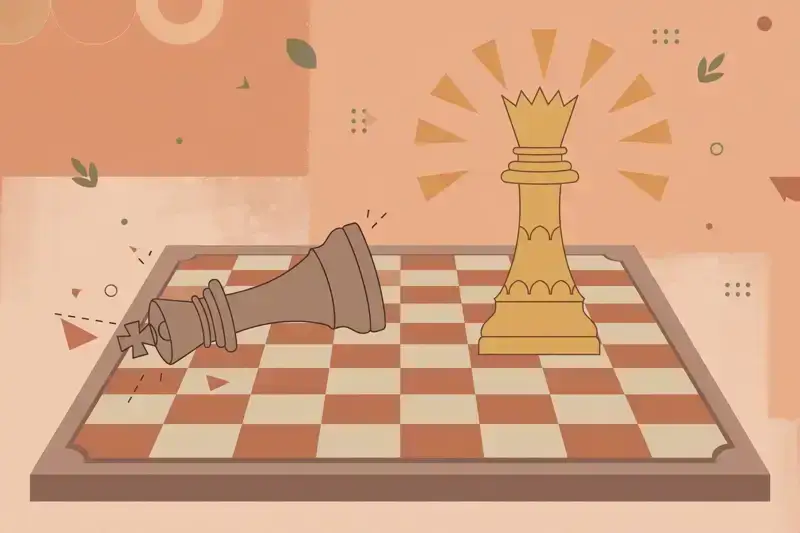 A flat illustration of a dramatic checkmate moment on a chessboard