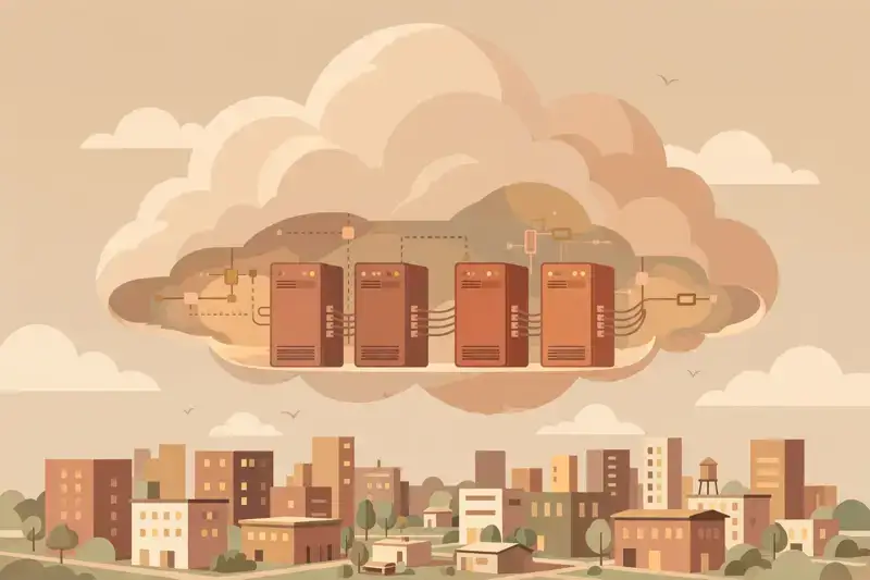 A cloud containing server racks floating above a city