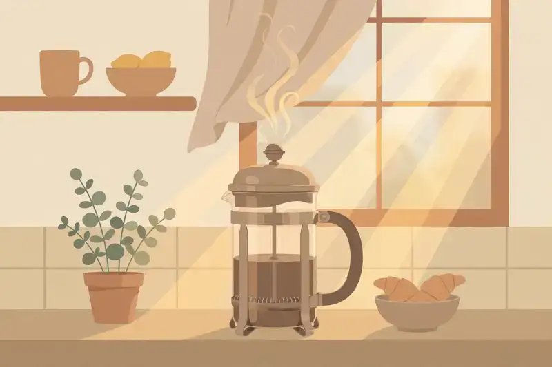 A flat illustration of a french press on a kitchen counter in warm morning light