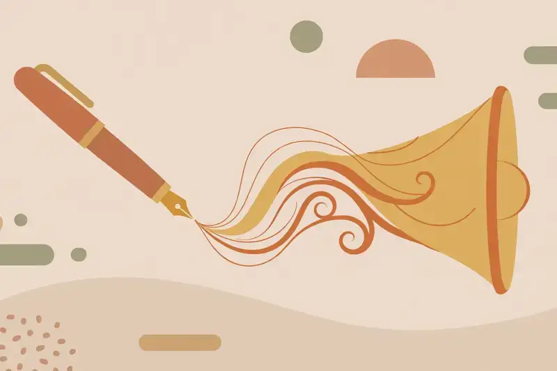 A fountain pen writing words that become a megaphone