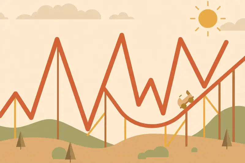 A roller coaster track shaped like a volatile price chart