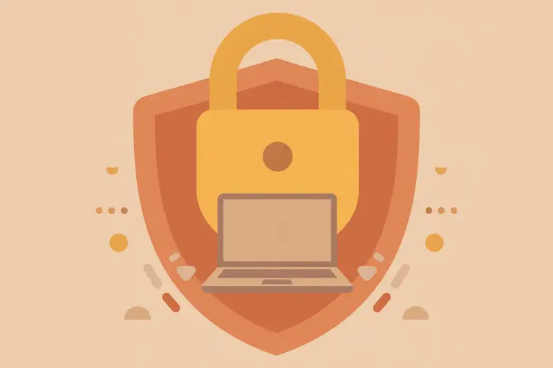 A padlock and shield protecting a laptop