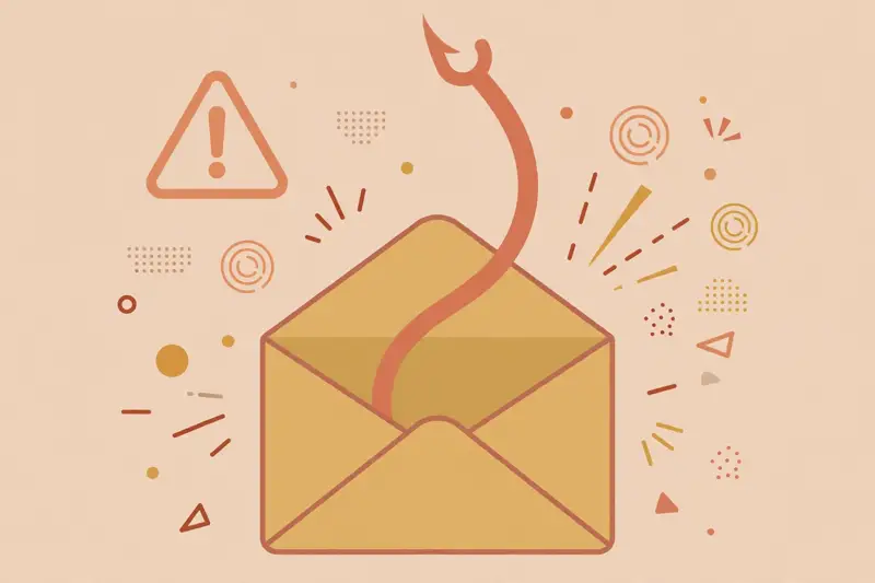 An email envelope with a fish hook rising from it, a phishing warning