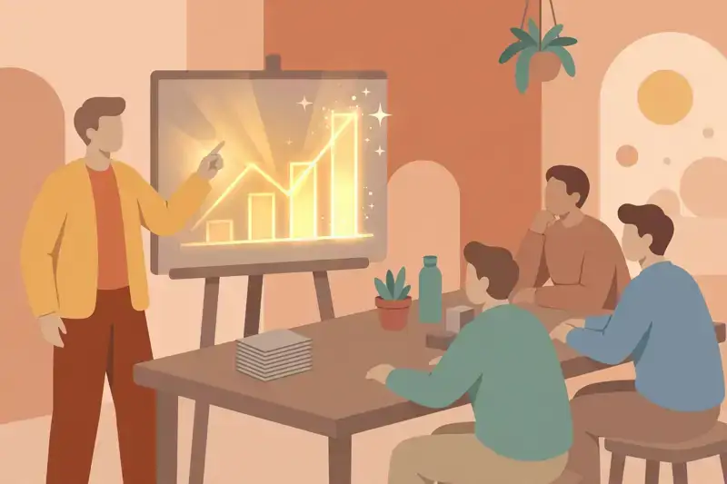A person presenting one glowing chart to an audience