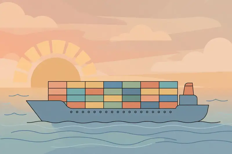 A cargo ship loaded with containers crossing the ocean at sunrise