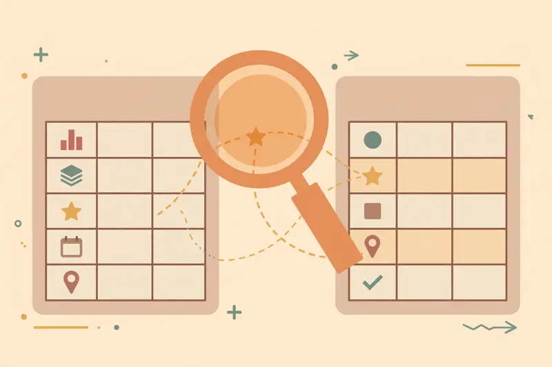 A magnifying glass finding matching rows between two spreadsheet tables