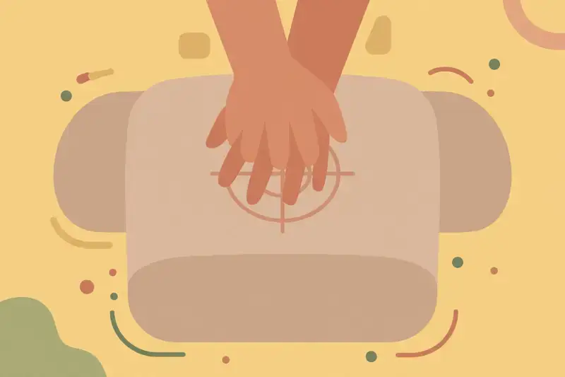 Hands practicing chest compressions on a CPR training dummy
